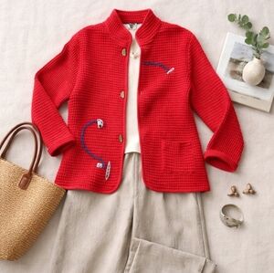 BETS by Canvasbacks Red Textured Knit Jacket Artwear Cotton Button Front Medium